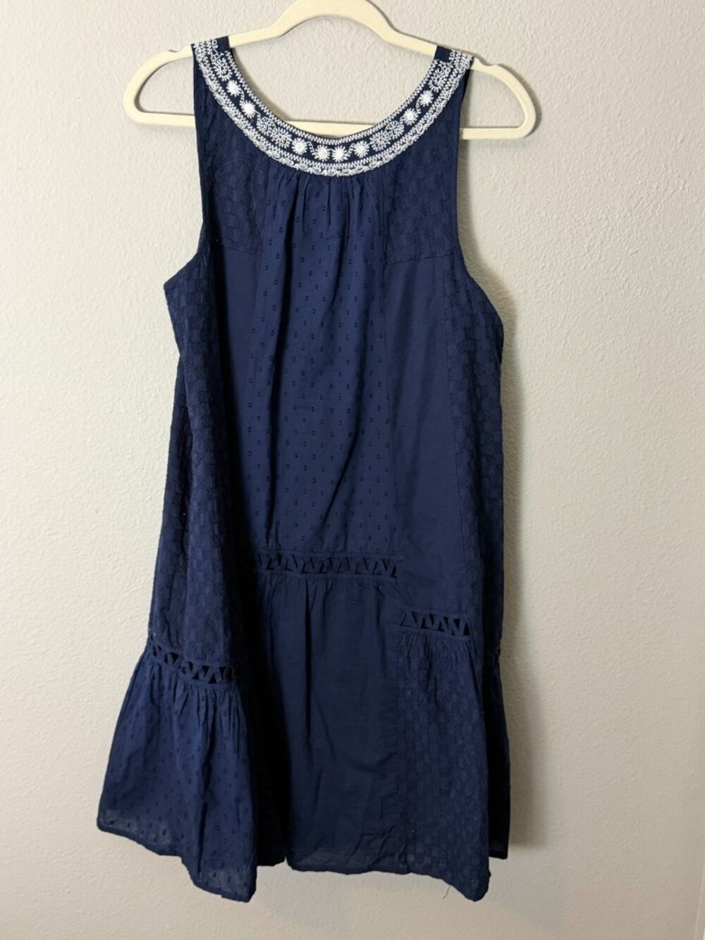 Anthropologie Maeve Tisha Dress size 12 Navy Blue Embroidered Lattice Lace Swing - Picture 5 of 9